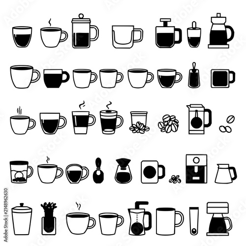 Coffee items set with collection of 40 black and white vector illustrations arranged in 5x8 grid featuring coffee cups, mugs, espresso shots with coffee beans and grinder