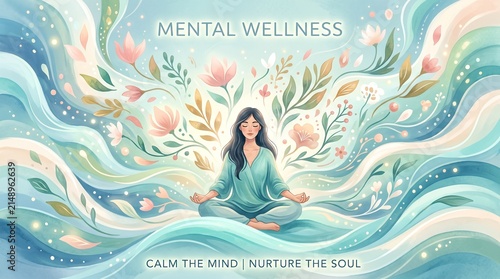 Mental Wellness Illustration of a Woman Meditating in Calm Water with Flowers
