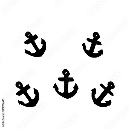 Five black anchor icons arranged in a row on a white background, each with a circular top and three prongs, depicted in a minimalist, vector illustration style. The anchors are evenly spaced, with ...