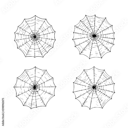 Four spider webs in different geometric shapes, each with intricate, symmetrical patterns of silk threads, set against a plain white background. The webs are depicted in a detailed, black-and-white...