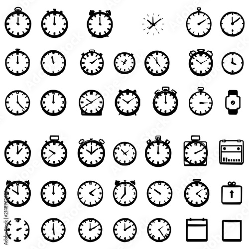 Collection of 16 distinct clock icons arranged in a 4x4 grid, each representing different types of clocks and time-related symbols in a minimalist, monochromatic style. The icons include analog clo...