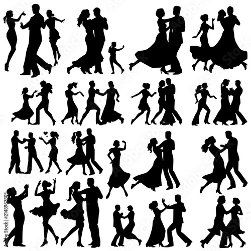 Collection of 24 black silhouette figures in various dance poses, including ballroom, tango, and swing dancing, arranged in a grid pattern against a white background. The vector illustration captur...