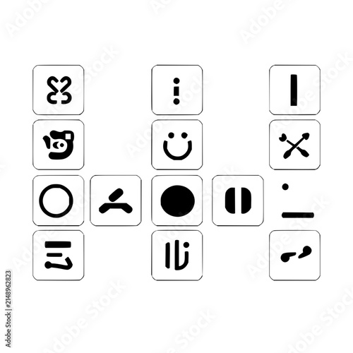 Nine square icons set with a 3x3 grid of clean black and white symbols on transparent background featuring icons, symbols, abbreviations with vector and modern