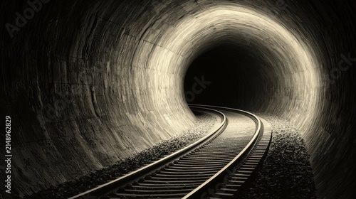 A black and white image of a tunnel with a train track in the middle.