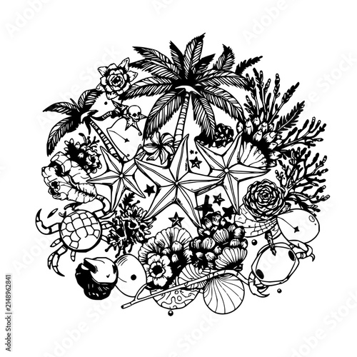 Marine and tropical elements set with scattered yet balanced layout featuring sea creatures, plants, objects with monochrome and intricate linework