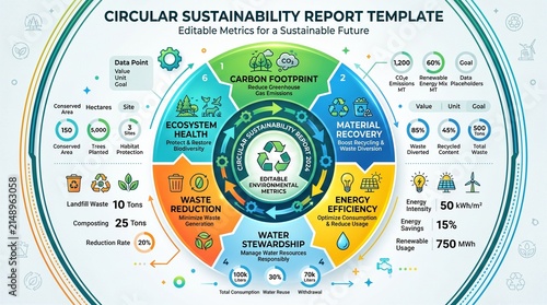 Circular Sustainability Report Infographic Template with Editable Metrics and Icons