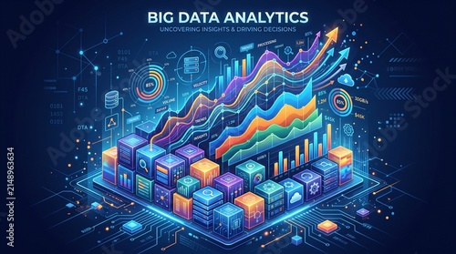 Futuristic Big Data Analytics Isometric Illustration with Colorful Financial Charts and Graphs