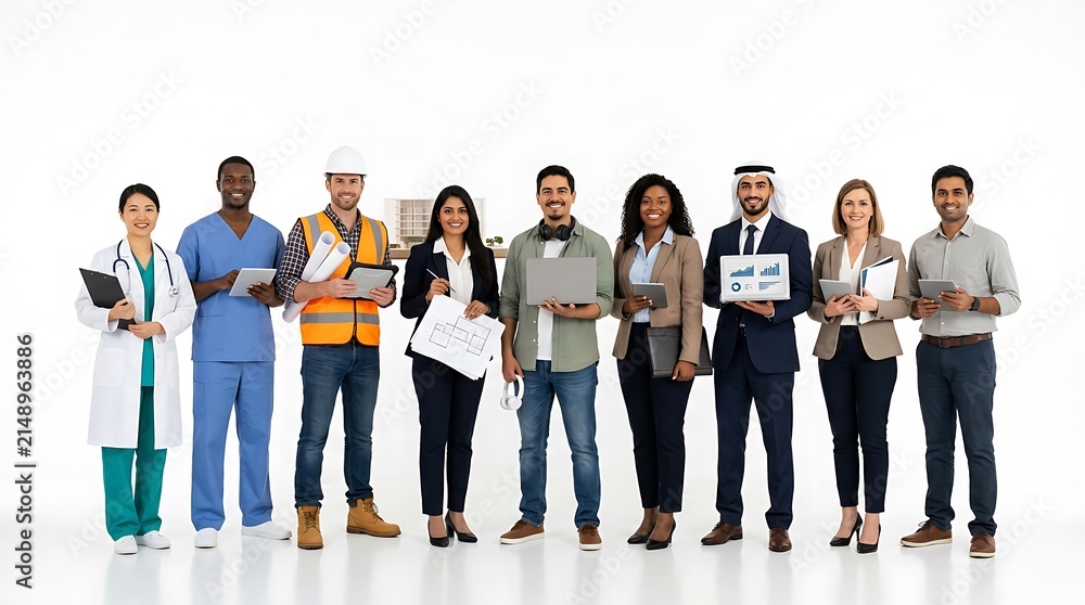 Obraz premium Group of diverse professionals from various industries standing together in a row isolated on white background