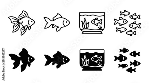 Goldfish and aquarium tank silhouette icon collection with goldfish aquarium collection silhouette elements