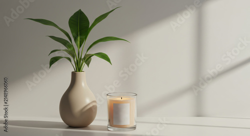 Elegant Green Houseplant Displayed in a Modern Vase Beside a Burning Scented Candle for a Cozy Minimalist Interior