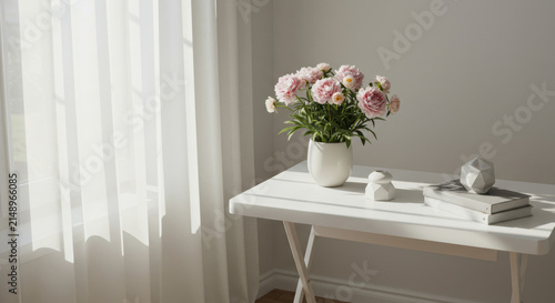 Fresh Pink Peonies Elegantly Arranged in a Decorative Glass Vase on a Rustic Wooden Table with Soft Natural Daylight
