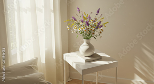 Colorful Wildflowers Arranged in a Rustic Glass Vase Beside a Sunlit Window Creating a Fresh Botanical Interior Scene