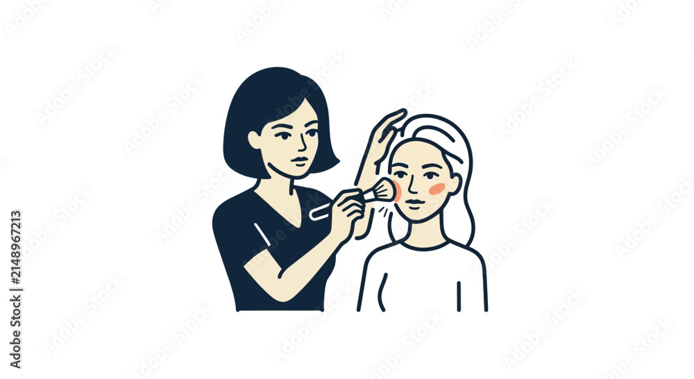Obraz premium ilustrasi penata rias mengaplikasikan riasan pada wajah wanita muda cantik dengan kuas rias terisolasi latar belakang transparan