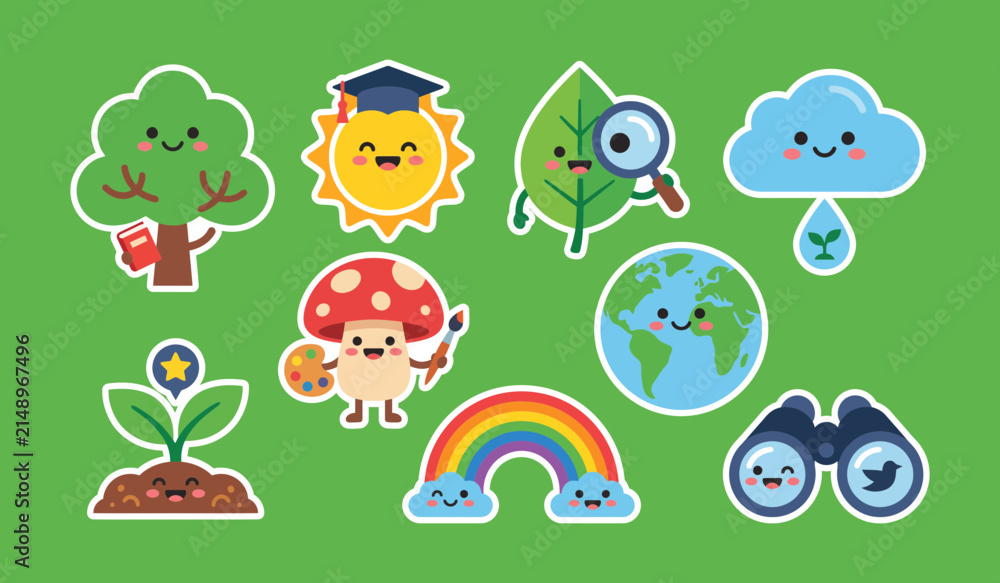Fototapeta premium Collection Of Kawaii Nature Elements Colorful Vector Illustrations With Smiling Faces cartoon cheerful climate cloud cute earth education environment flora