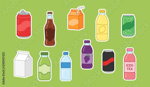 Assorted beverage containers vector illustration with bright colors and simple shapes drinks soda juice water tea cans bottles cartons packaging