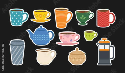 Assorted teaware and coffee cups colorful vector illustration on a dark background teapot tea cup mug french press creamer pitcher
