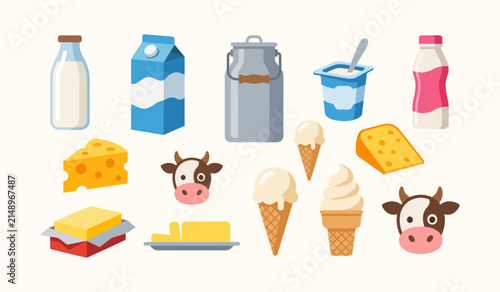 Dairy products and cow heads a flat vector illustration on a pale background milk yogurt cheese butter ice cream cattle