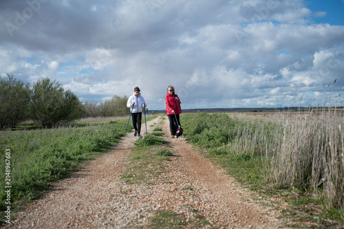 Mother and teenage son walking with their small dog along a rural trail through a wetland landscape using trekking poles under a dramatic cloudy sky