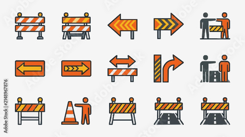 Clean Icons of Road Construction Signs Barriers and Worker Directions in Orange and Black with high quality professional line art symbols for modern creative design and digital branding projects