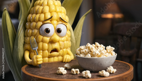 Naklejka Corn Character Eats Popcorn