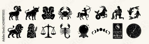 Foto Zodiac signs astrology horoscope and mystical fortune telling icon set