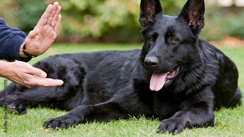 Person teaching a black dog to lie down on the grass.