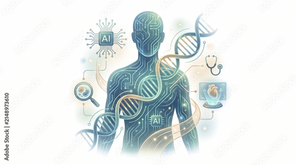 Obraz premium Artificial Intelligence and DNA Biotechnology Concept for Advanced Precision Healthcare Illustration