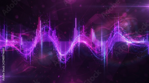 Vibrant purple abstract audio visualization with energetic digital sound waves and glowing particles, representing a dynamic music spectrum and technological concept