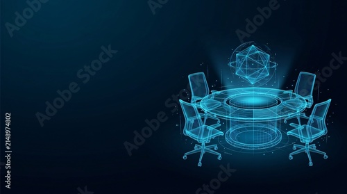 Conference table and office chairs in abstract wireframe glowing blue hologram style representing virtual meeting and modern corporate digital workspace with workspace