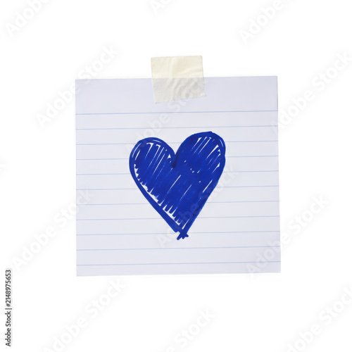 Blue heart drawing on a small square paper note attached with tape