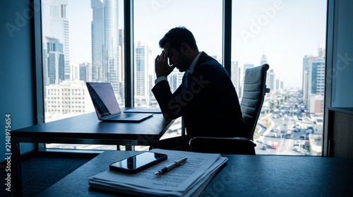 A frustrated businessman sits at his desk while experiencing extreme pressure during a difficult workday inside a high rise office building overlooking a busy urban landscape filled