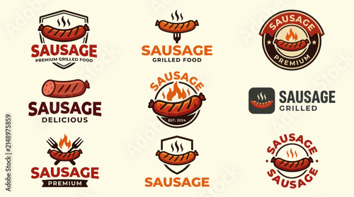 Grilled sausage and BBQ restaurant vintage logo badges.