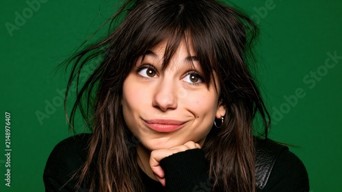 Young woman with a playful expression rests her chin on her hand.