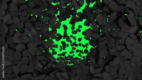Dark polygonal rock fragments break apart and move outward, exposing a bright green illuminated center in an abstract destruction scene, 3D animation
