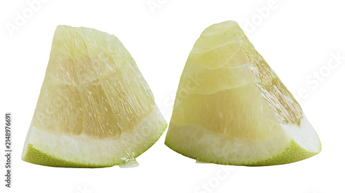 Фотография Two wedges of peeled pomelo fruit with juicy segments and white pith