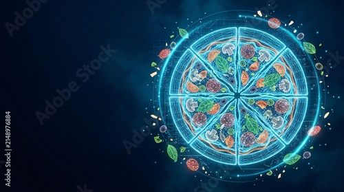 Holographic pizza icon glowing digital wireframe food design on dark background with hologram wireframe technology restaurant abstract innovation business