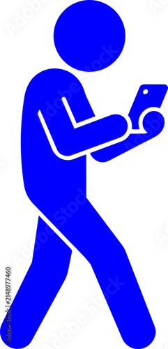 Blue Stick Figure Walking Looking at Smartphone Icon Isolated on Transparent Background PNG Vector