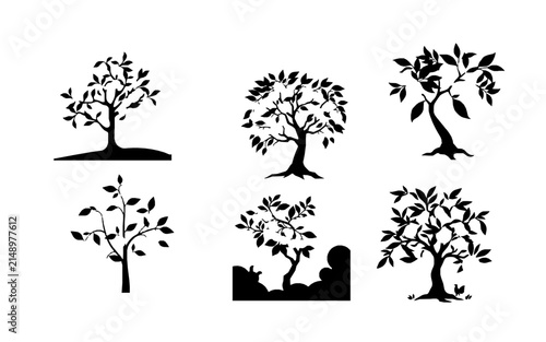 Orange Tree With Fruit Silhouette Angular Shape Paper Cut Silhouette Style White Background