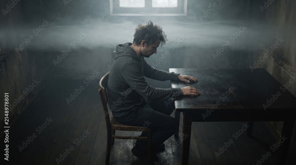 Fototapeta premium A man sits alone at a wooden table in a shadowy, fog-filled room. Empty walls echo his thoughts as he immerses in deep reflection, creating a hauntingly serene atmosphere.