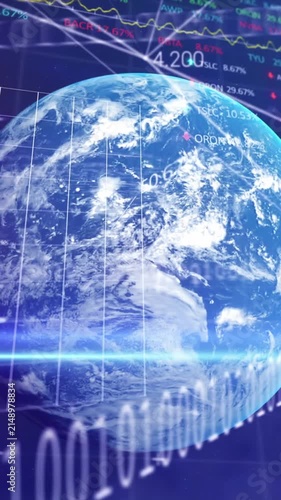Stock market data processing over globe and tall buildings against blue background