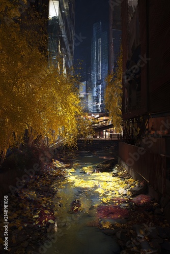 Urban Stream at Night - A Glimpse of Nature Amidst City Lights.