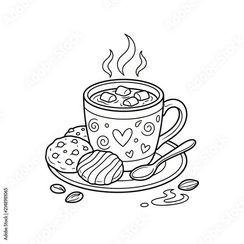 Hot chocolate and cookies coloring page