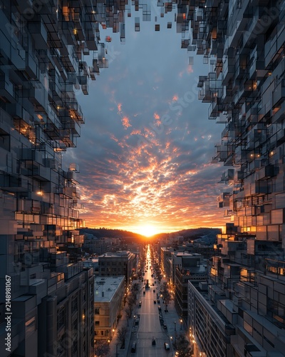 Urban Sunset - A Captivating View of City Buildings and Sky.