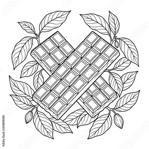 Chocolate bar with cocoa leaves illustration