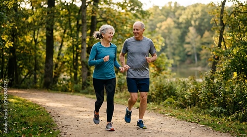 Retirement, couple and running fitness health for body and heart wellness with natural ageing. Married, mature and senior people enjoy nature run together for cardiovascular vitality workout.