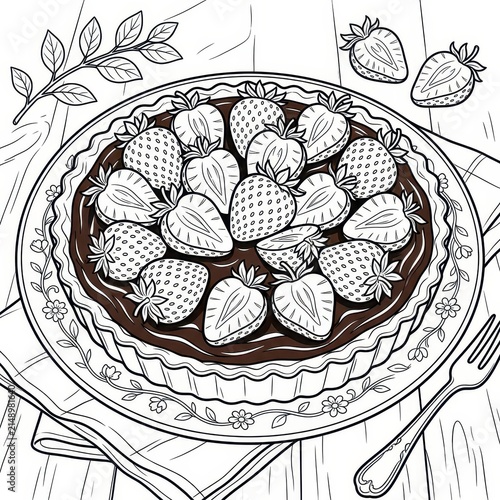Coloring page illustration of a strawberry chocolate tart