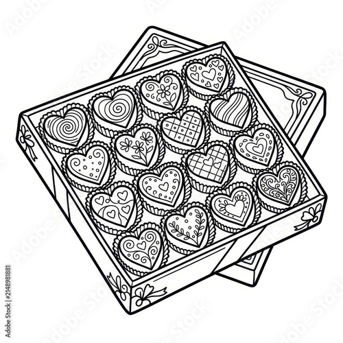 Box of heart shaped chocolates line drawing