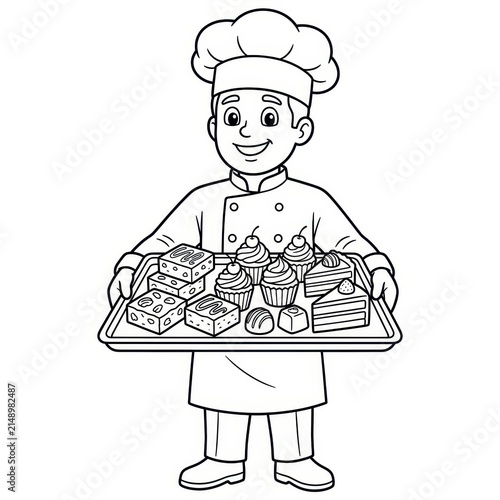 Baker holding a tray of cakes and pastries