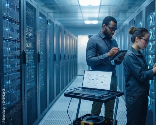 Technician team working in data center 