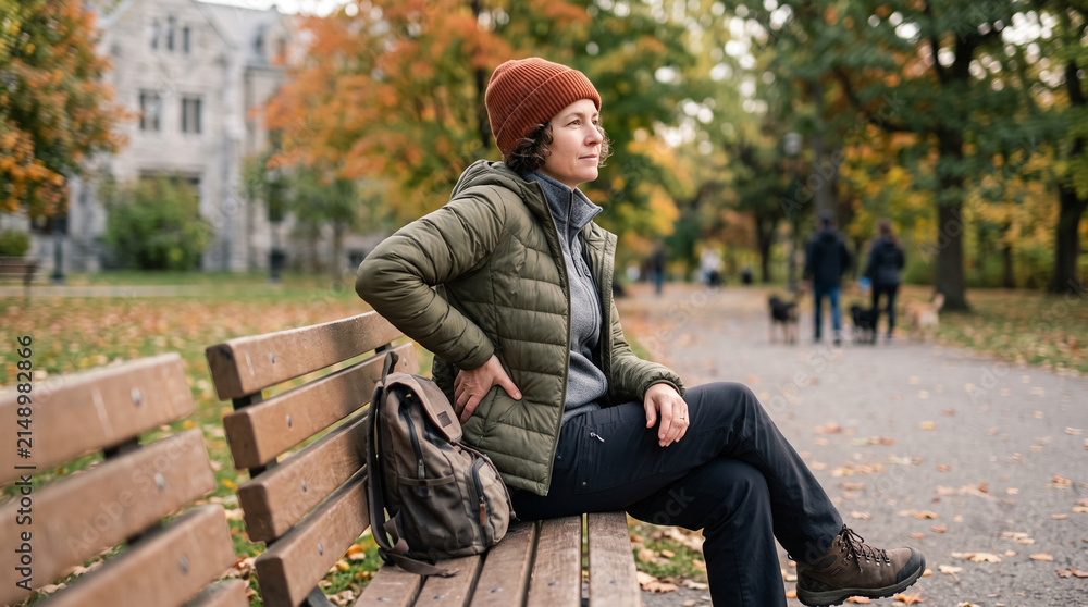 Fototapeta premium Woman sitting on an autumn park bench holding her back in pain